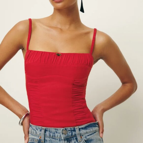 ✨ SALE Reformation Emery Linen Top Sz6 Red Lipstick Stretch French Comfy - Picture 1 of 7